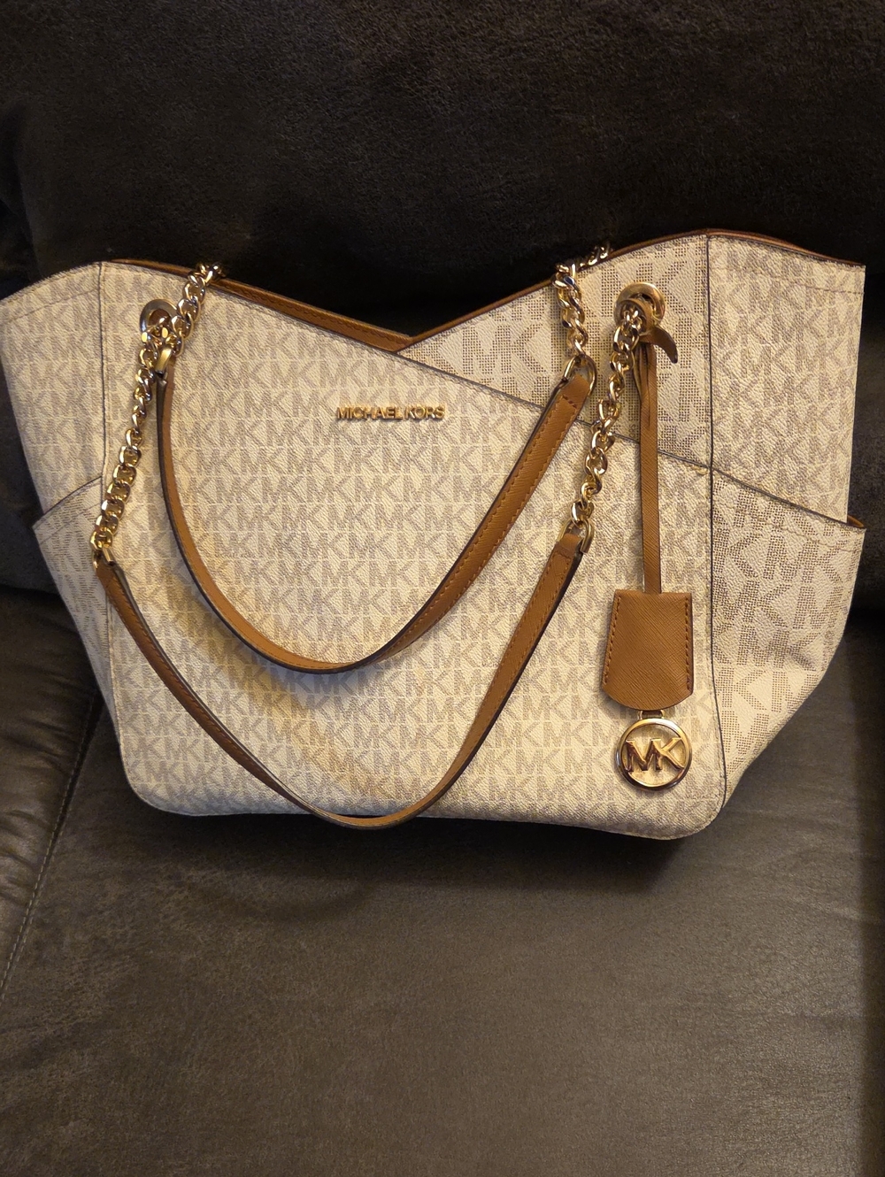 Michael Kors Tan and Vanilla Logo Tote with Gold Hardware